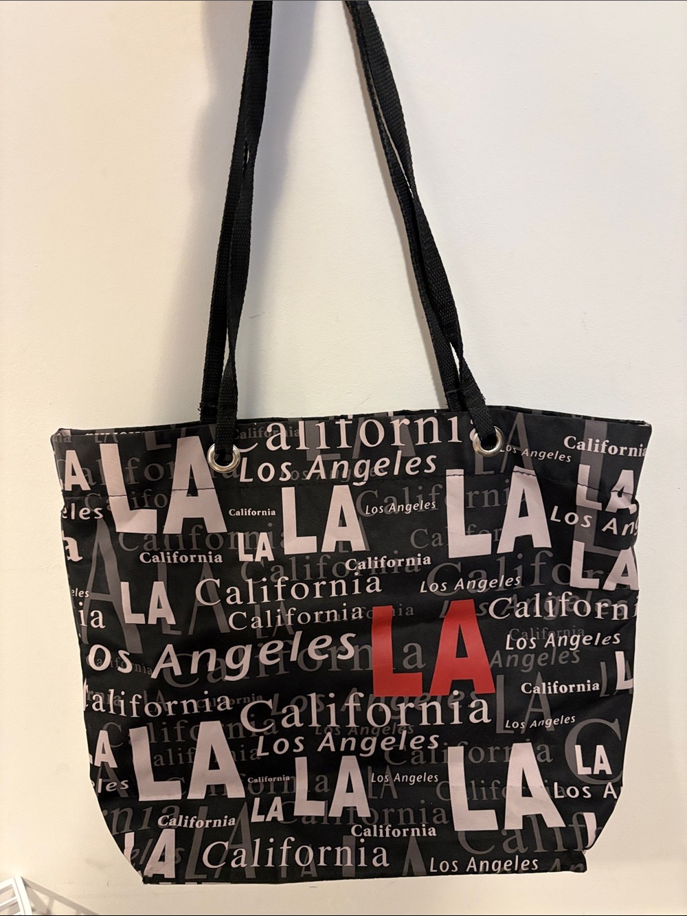 Black Los Angeles Print Tote Bag with Red Accent